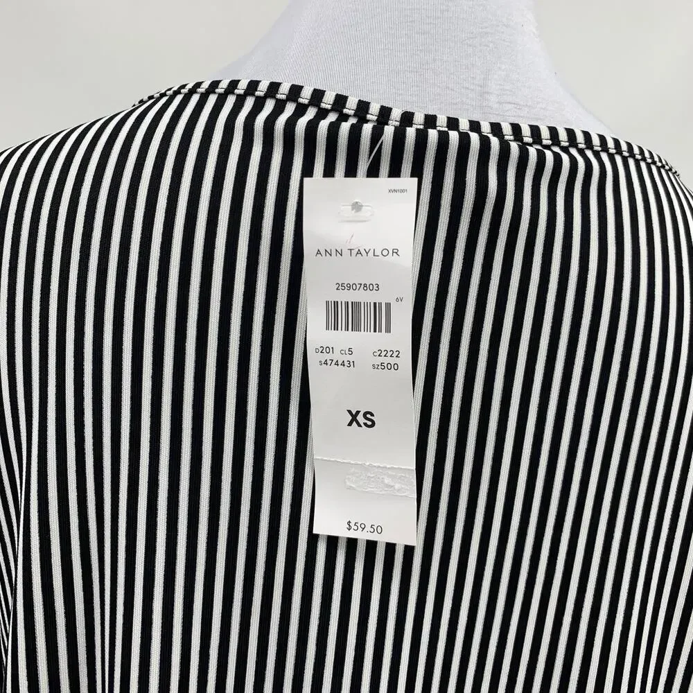 Ann Taylor Top Women XS Extra Small White Black Striped Long Sleeve Button Cuff